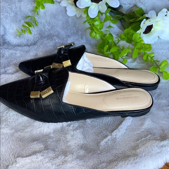 Liz Claiborne Black Croc Mules with Gold Accents - Picture 2 of 7